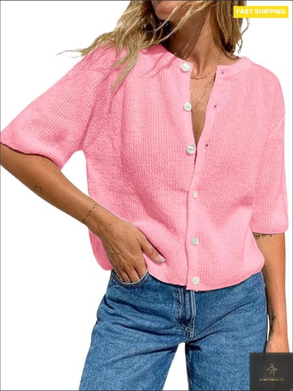 Cropped Short Sleeve Cardigan Button Down Lightweight Knit Crew Neck Summer Top